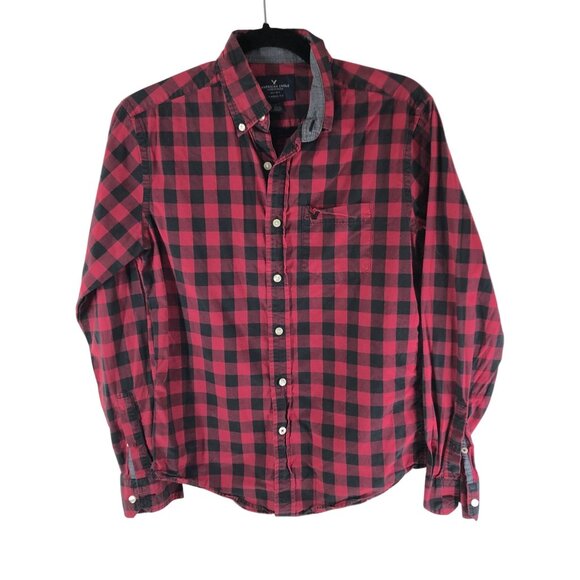 American Eagle Mens Button Down Shirt Classic Fit Gingham Plaid Red Black XS - Picture 1 of 4